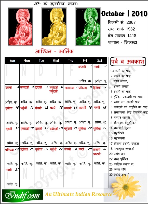 Octoberr 2010 Indian Calendar, Hindu Calendar