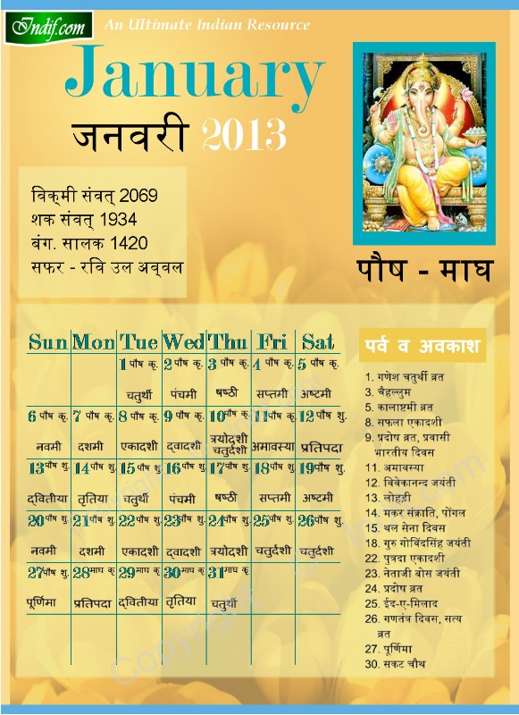 January 2013 Indian Calendar, Hindu Calendar