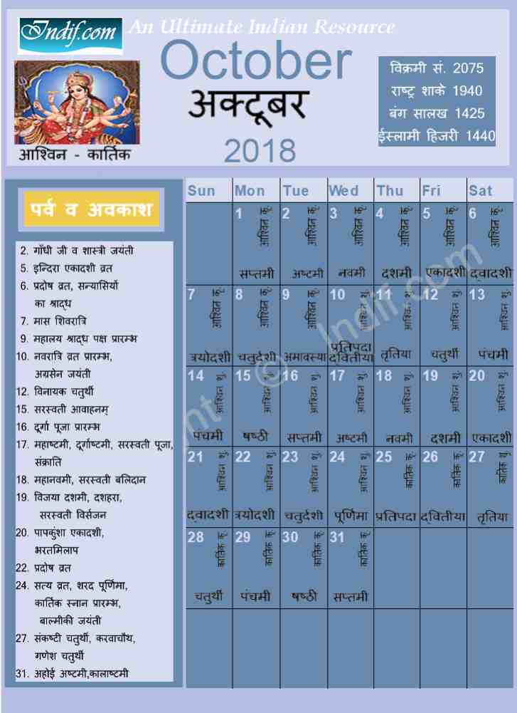 October 2018 Indian Calendar Hindu Calendar